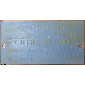 1954 Desoto Division Firedome Data Plate Trim Body Paint Auto Car Part